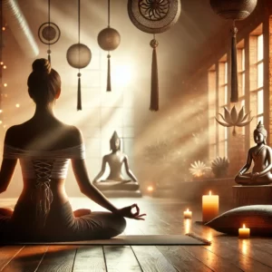 A person practicing Kundalini Yoga in a meditative pose with serene surroundings. The background shows soft lighting and some spiritual symbols