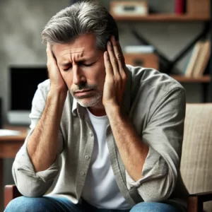 a man holding his head with his hands