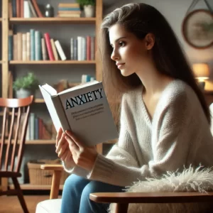 a woman sitting in a chair reading a book