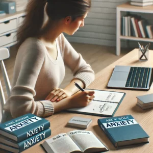 a woman sitting at a desk writing on a book