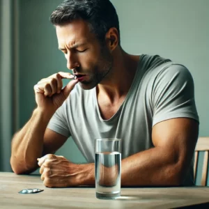 a man sitting at a table with a pill in his mouth