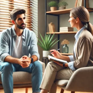 a man and woman sitting in chairs talking to each other